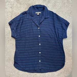 Tommy Bahama Shirt Top Womens M Blue‎ Short Sleeve Button Striped Sheer Coastal